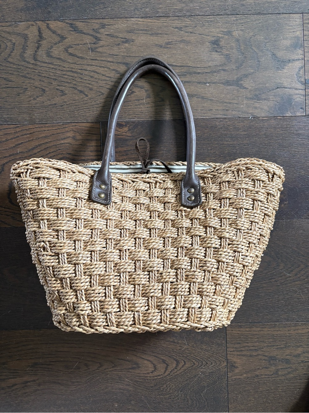 J. Crew Natural Straw Woven Tote with Dark Brown Handles